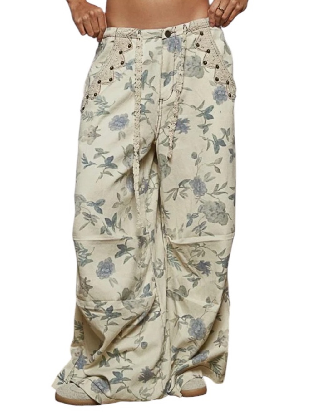 POL Wildflower Dusk Cream Drawstring Wide Leg Pants S